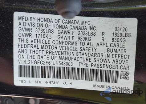 2020 Honda Civic Lx из США, поврежденный, VIN 2HGFC2F61LH548003